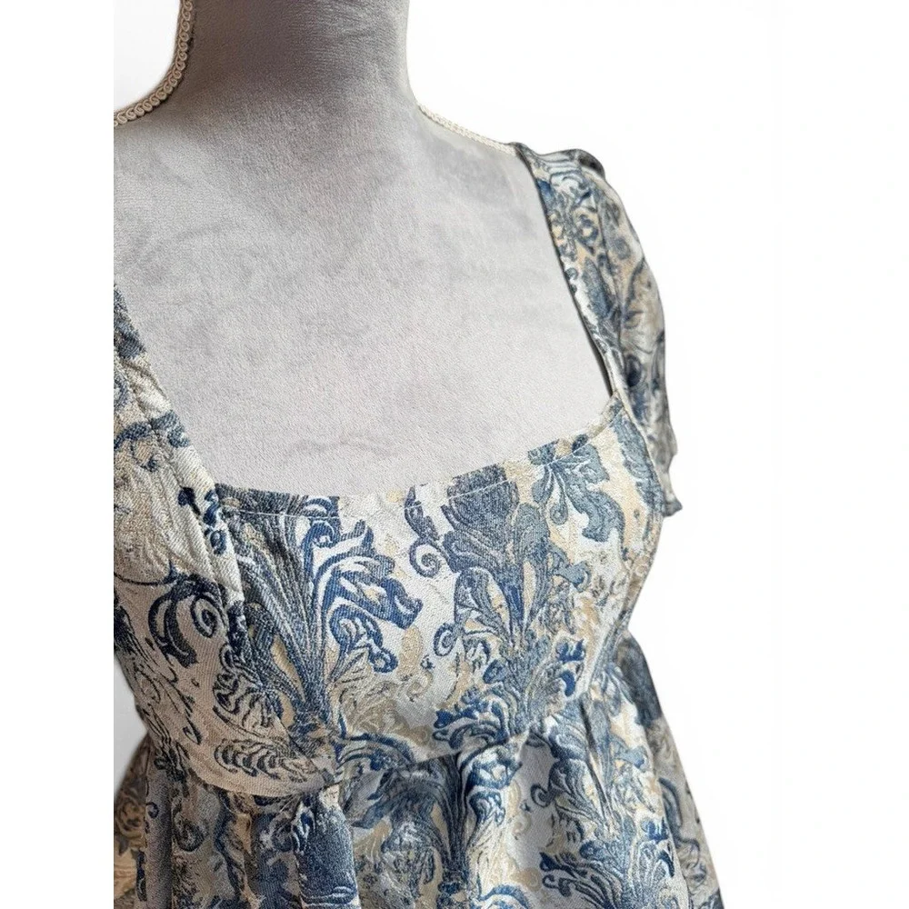 Free People Top Womens S Blue Eloise‎ Jacquard Peplum Blouse Square Neck Brocade